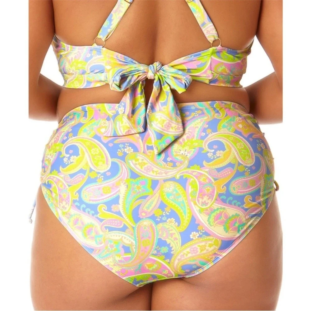 California High Waist Drawstring Full Bottom Pastel Paisley Swim Separate